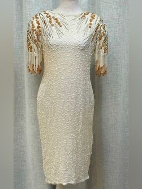 A.J. Bari Cream Midi Dress with Gold Beaded Fringe Sleeves